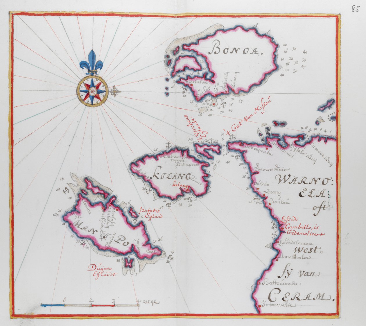 Karte eines Teils der Insel Ceram (Seram) und Bonoa (Pulau Boano) und Pulau Kelang und Pulau Manipa von Dutch School