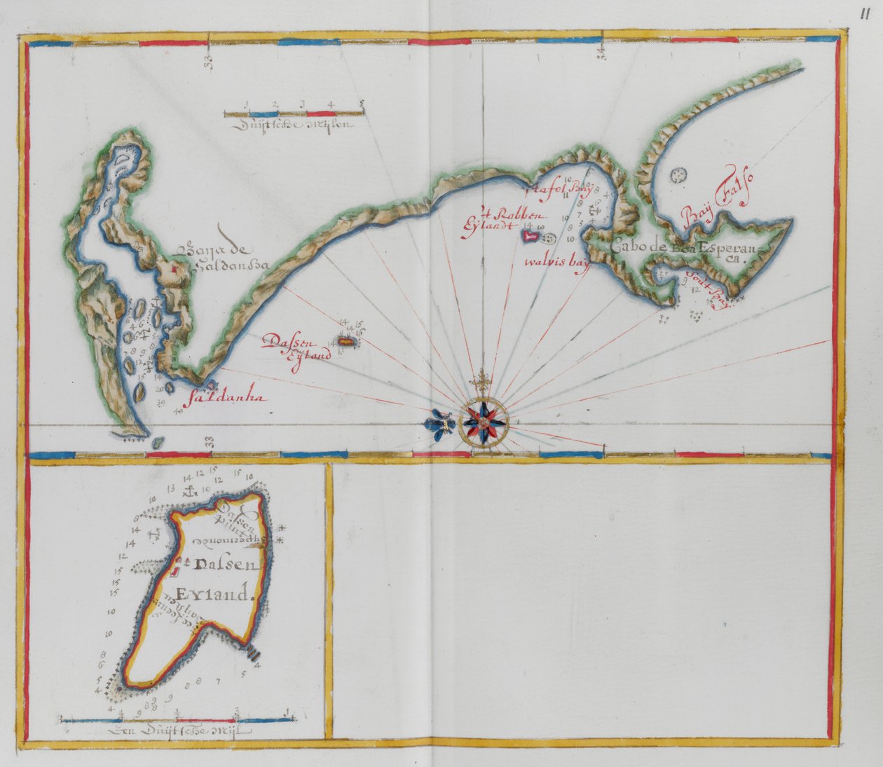 Karten zeigen Dassen Island, eine südafrikanische Insel, und die gegenüberliegende Küste. von Dutch School