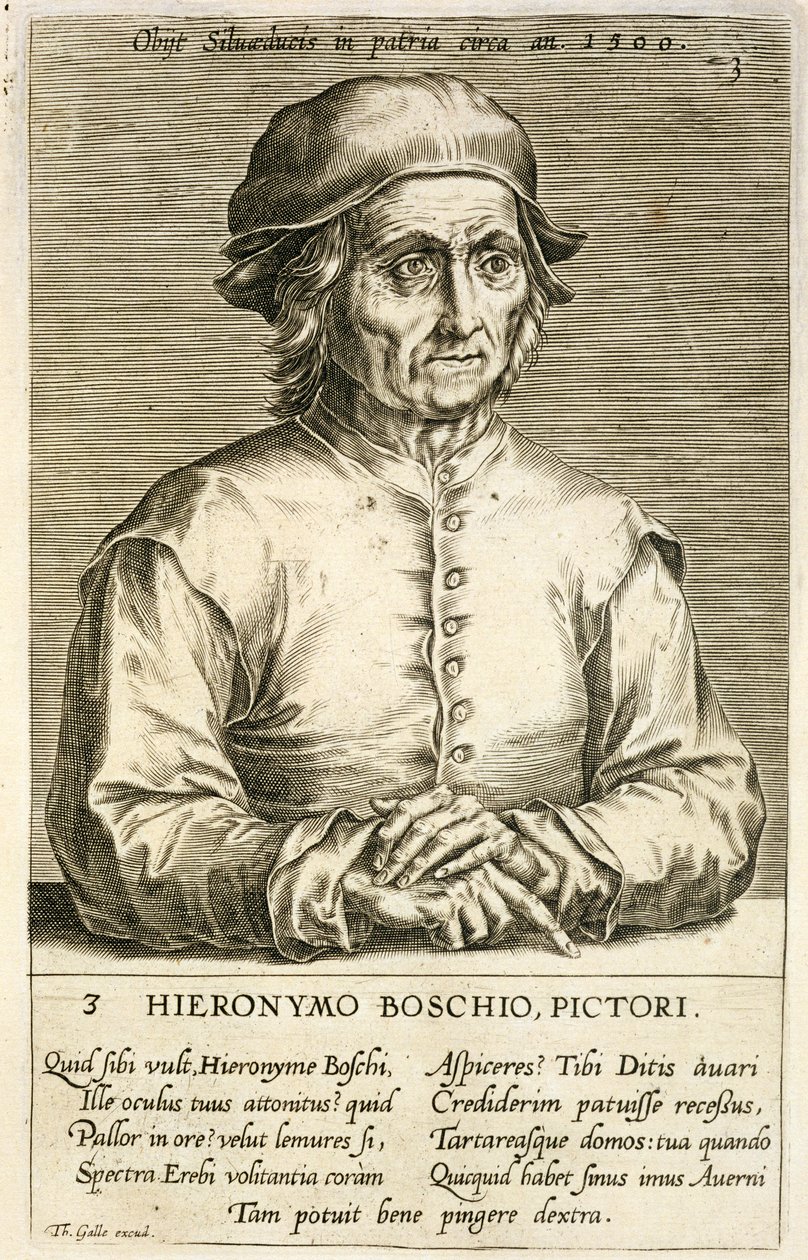 Porträt von Hieronymus Bosch (ca. 1450-1516) Tafel 3 aus einer Serie von Künstlerporträts, graviert von Theodor Galle (1571-1633) von Dutch School