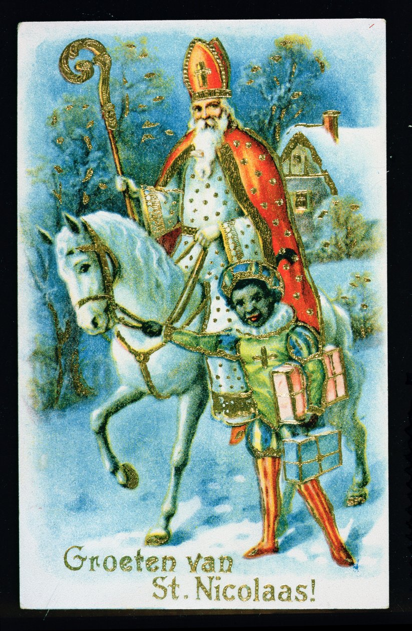 St. Nikolaus und ein schwarzer Helfer, um 1890, niederländische Karte von Dutch School