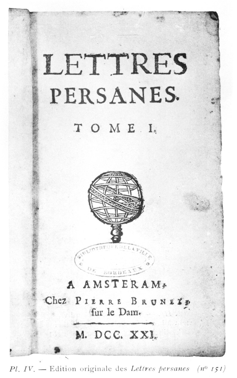 Titelseite von Les Lettres Persanes von Charles de Montesquieu (1689-1755) 1721 von Dutch School