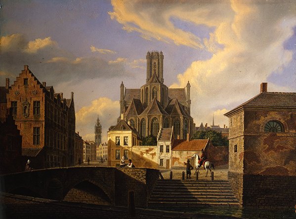 Stadtansicht mit Kanal, Brücke, Treppen und Figuren, mit einer mittelalterlichen Kirche und dem Turm eines Rathauses im Hintergrund von Dutch School