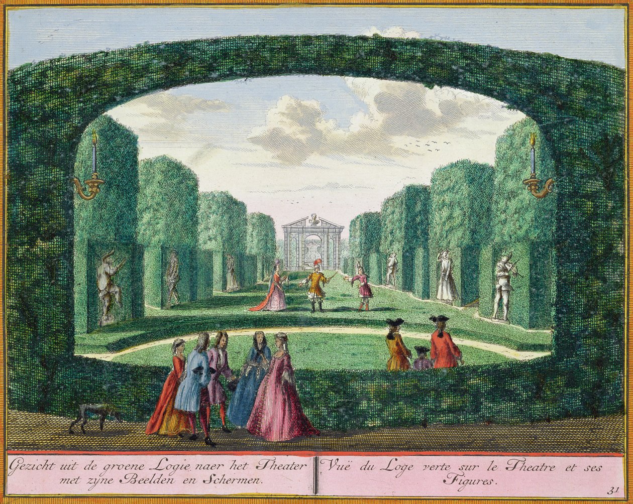 Blick von der grünen Loggia zum Theater, aus Het Zeganplant Kennemerlant, von Hendrick de Leth und Matthias Brouerius Van Nidek, veröffentlicht ca. 1700-1730 von Dutch School