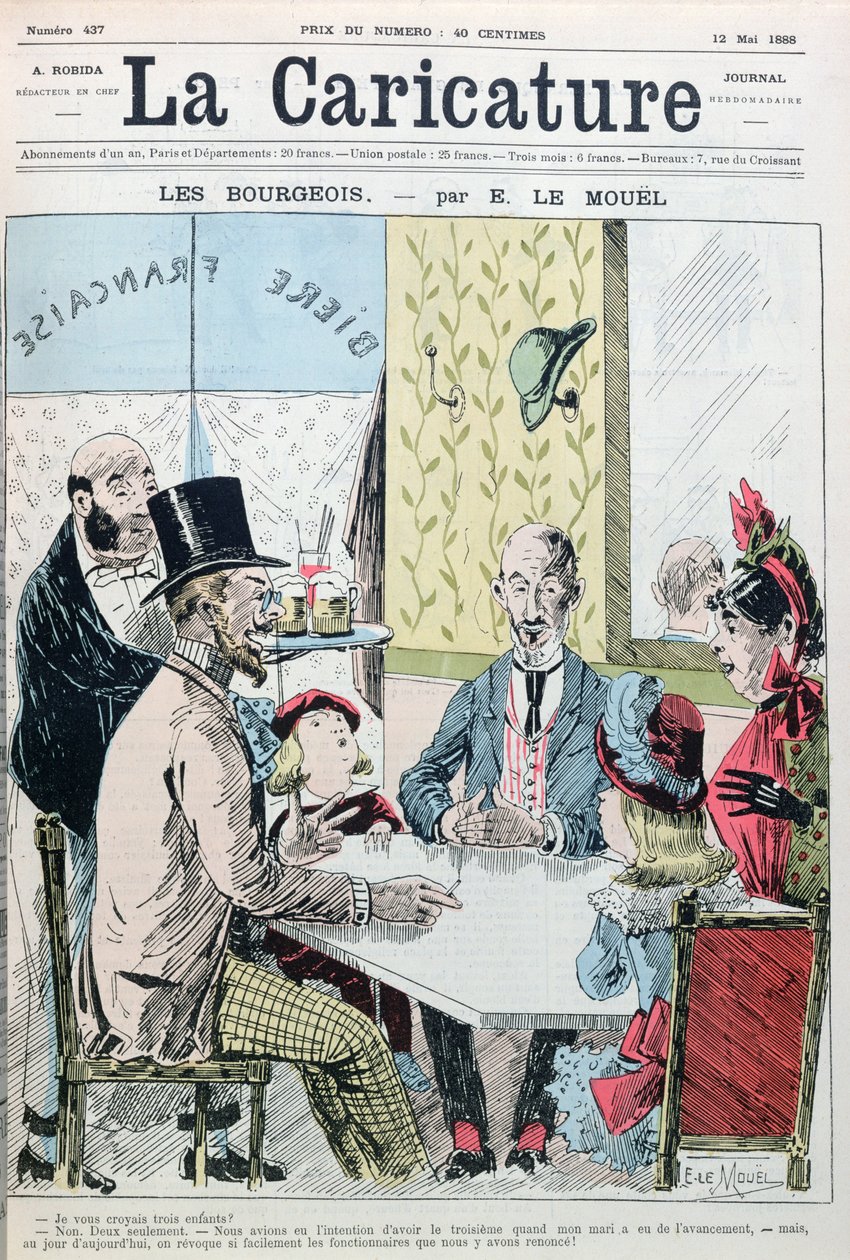 Ein bürgerliches Paar erklärt, dass sie aus wirtschaftlichen Gründen nur zwei Kinder hatten, aus La Caricature, 12. Mai 1888 von E. Le Mouel