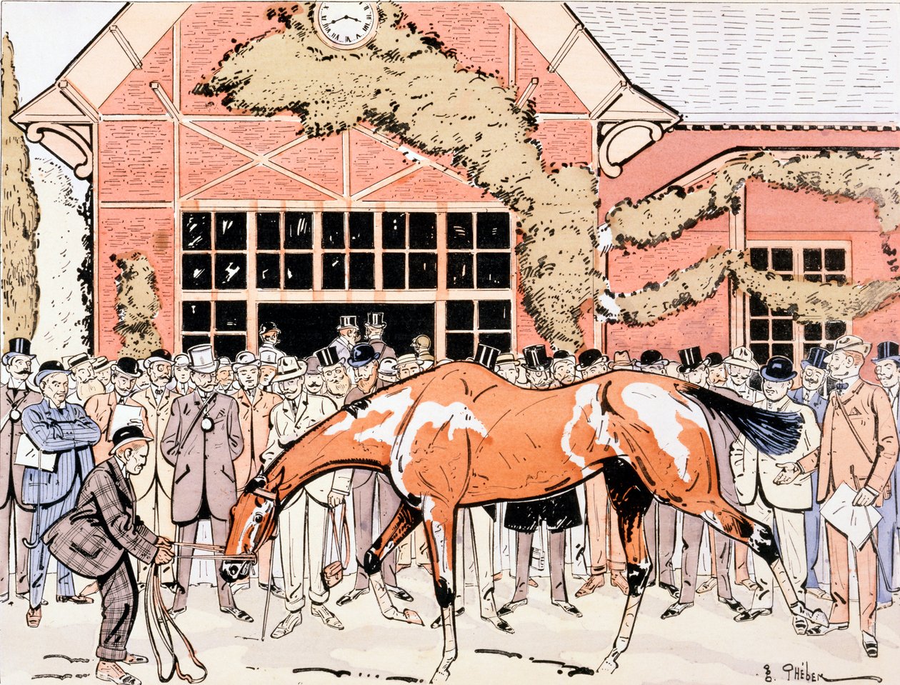 Besichtigung des Rennpferdes im Paddock, ca. 1905 von E. Thelem