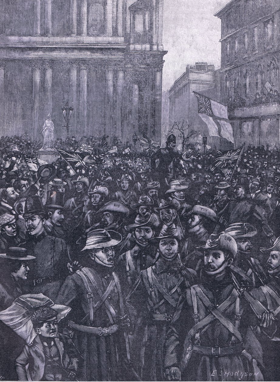 Die CIVs marschieren den Ludgate Hill hinunter, auf dem Weg zum Masion House zum Waterloo-Bahnhof, Illustration aus Cassells Geschichte Englands, 1900er Jahre von E.S. Hodgson