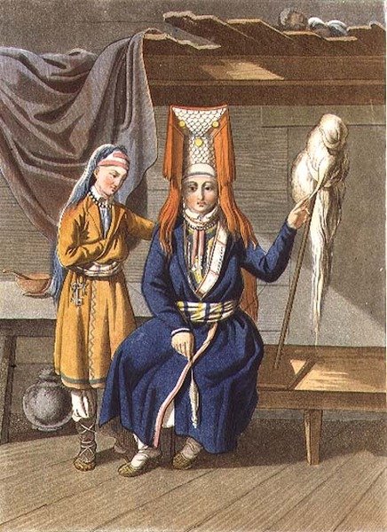 Wotjakische Frauen beim Spinnen, graviert von Jegor Skotnikoff (1782-1843) von E. (after) Karnejeff