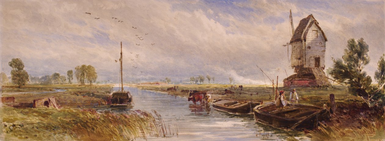 Landschaft mit Windmühle von E Ellis