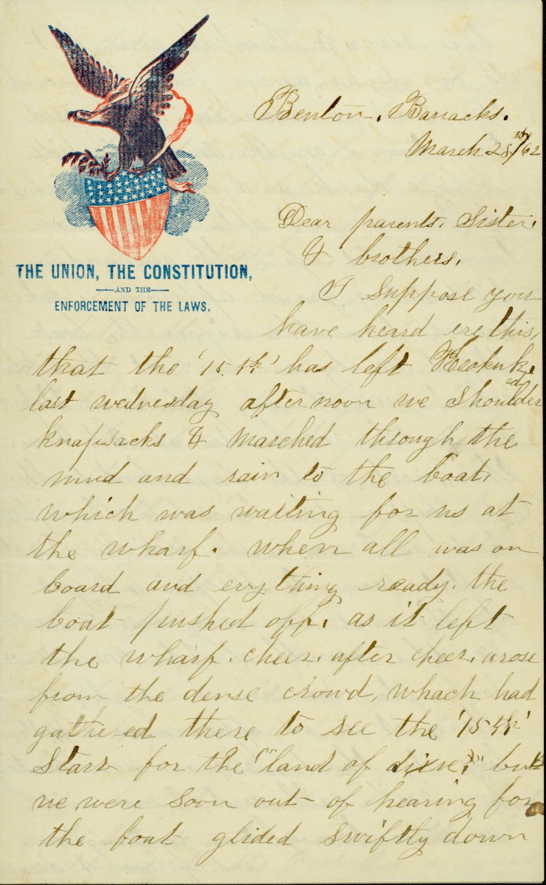 Brief unterzeichnet von E.G. Black, Benton Barracks, Mo., an seine Eltern, Schwester und Brüder, 28. März 1862 von E. G. Black