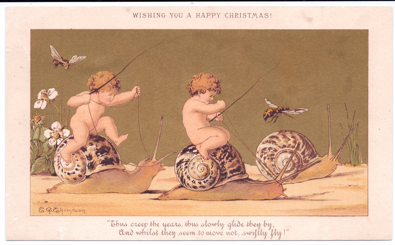 Eine viktorianische Weihnachtskarte von zwei nackten Babys, die auf Schnecken reiten, begleitet von Wespen, vor einem goldenen Hintergrund von E. Gertrude Thompson