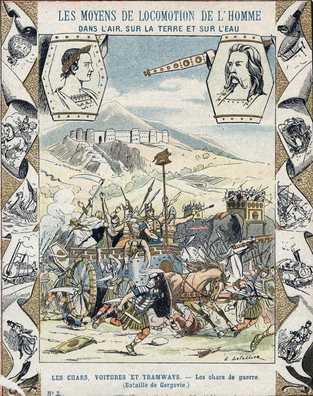 Gallische Kriegskarren in der Schlacht von Gergovia - Aus einem Schutzumschlag für Schulbücher, Ende des 19. Jahrhunderts - Kriegskarren mit Sicheln - Vercingetorix in der Schlacht von Gergovia (52 v. Chr.) während des Gallischen Krieges - Illustration von von E. Letellier