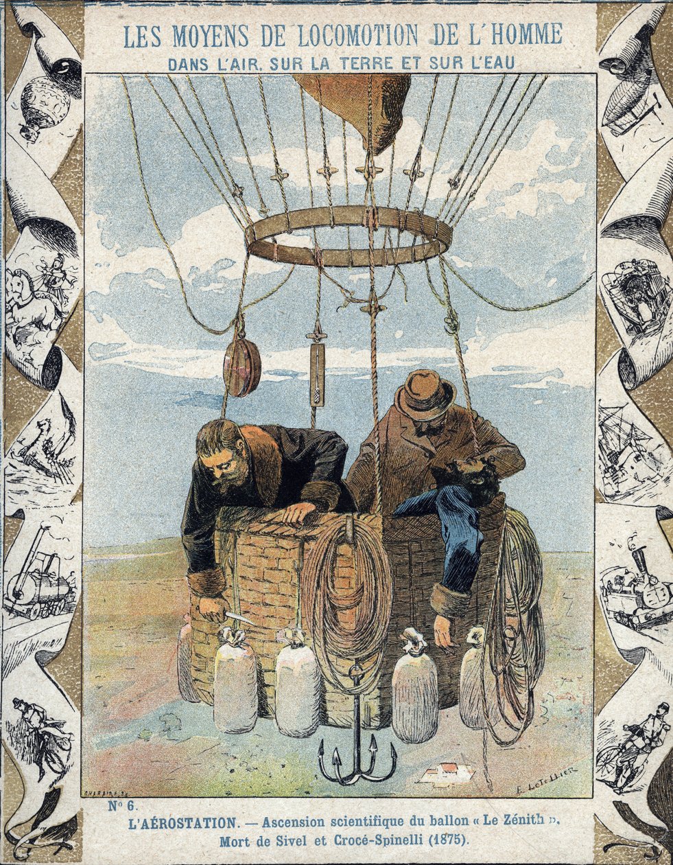 Journalist Joseph Eustache Croce Spinelli (1845-1875), Marineoffizier Henri Theodore Sivel (1834-1875) und französischer Autor und Wissenschaftler Gaston Tissandier (1843-1899) im Korb des Ballons Zenith nach Bewusstlosigkeit durch Sauerstoffmangel von E. Letellier