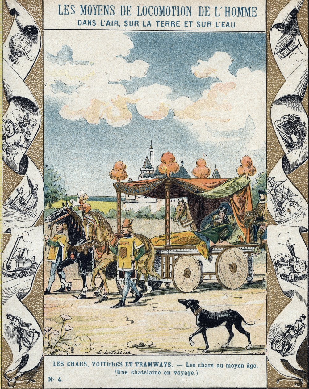 Panzer im Mittelalter - Eine Burgherrin auf Reisen - Illustration von E. Letellier - Schützt historisches Notizbuch, Ende 19. Jahrhundert von E. Letellier