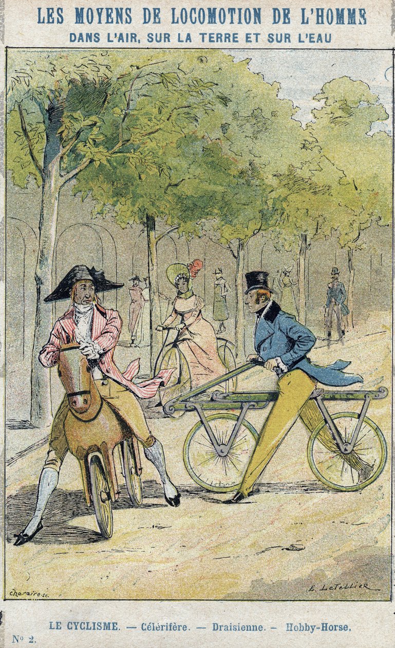 Velocipedes - Englisches Celerifere - Draisienne, Vorläufer des Fahrrads - Aus einem Schutzumschlag für Schulbücher, späte 19. Jahrhundert - Illustration von E Letellier - Celerifere - Draisienne - Steckenpferd (Nobby Horse) - Schutzumschlag historisch, En von E. Letellier