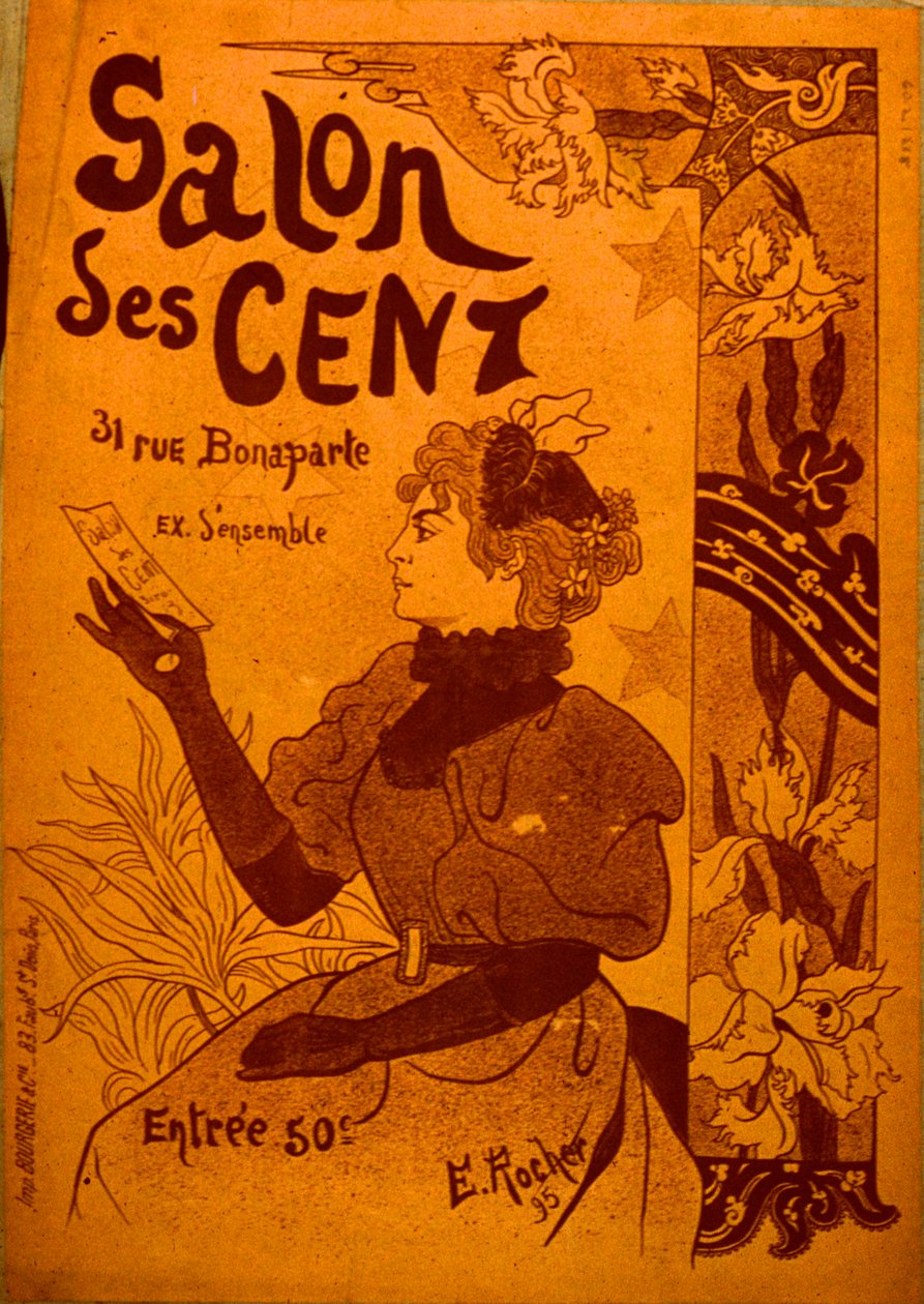 Eine Frau, die eine Einladung untersucht, Salon des Cent von E. Rocher