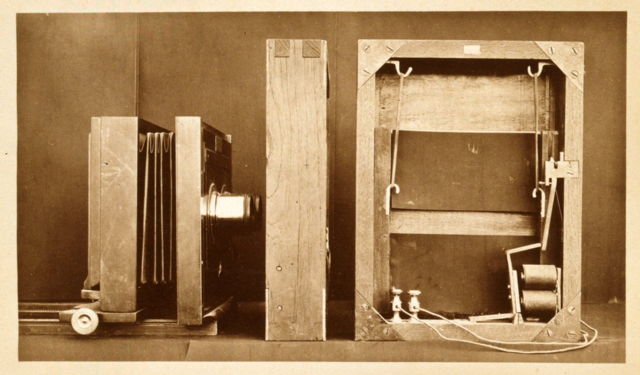 Kamera und Rückseite des Elektroschutters, verwendet von Eadweard Muybridge für seine 