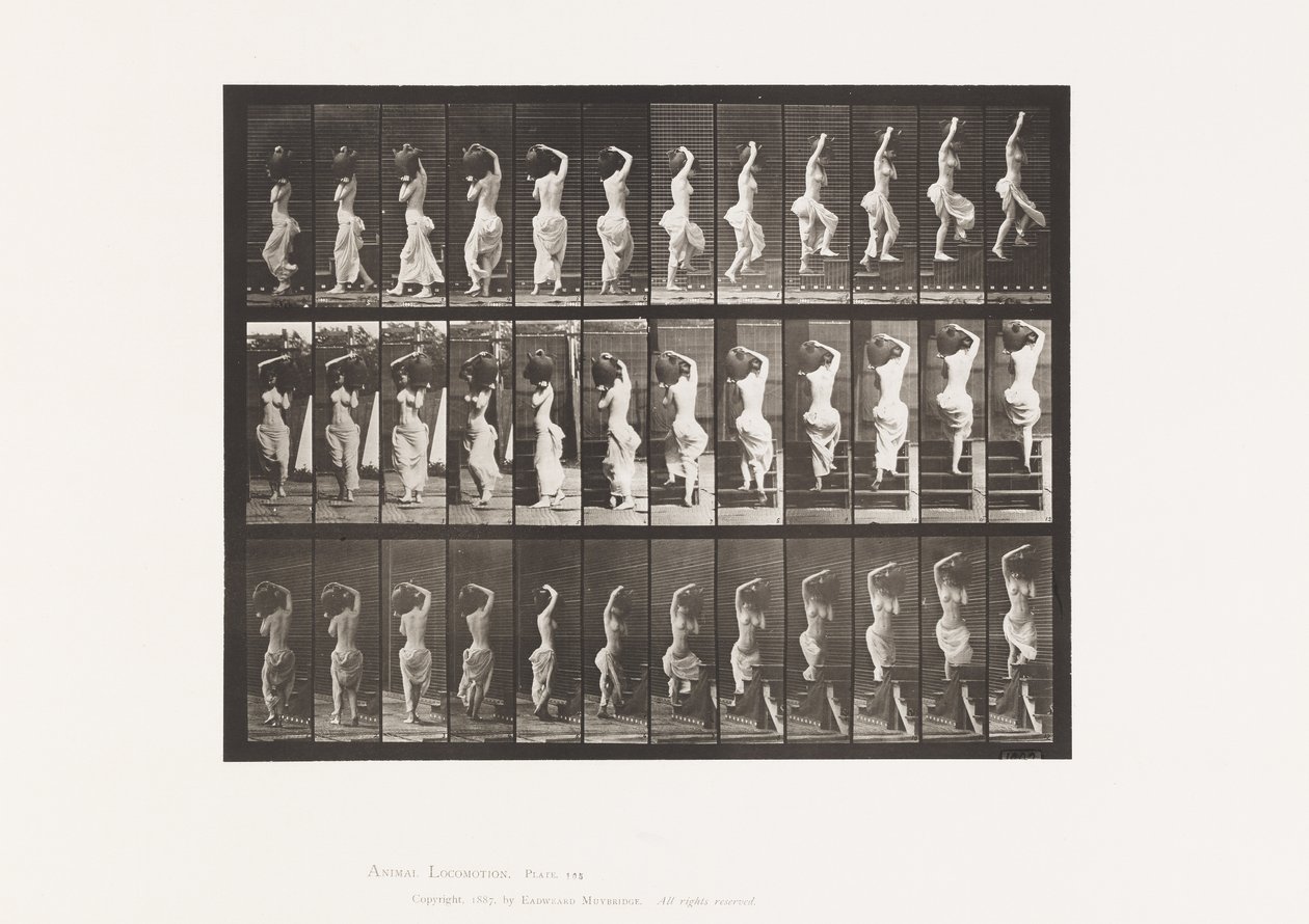 Tafel 105. Drehen, Treppensteigen, Wasserkrug auf der linken Schulter von Eadweard Muybridge
