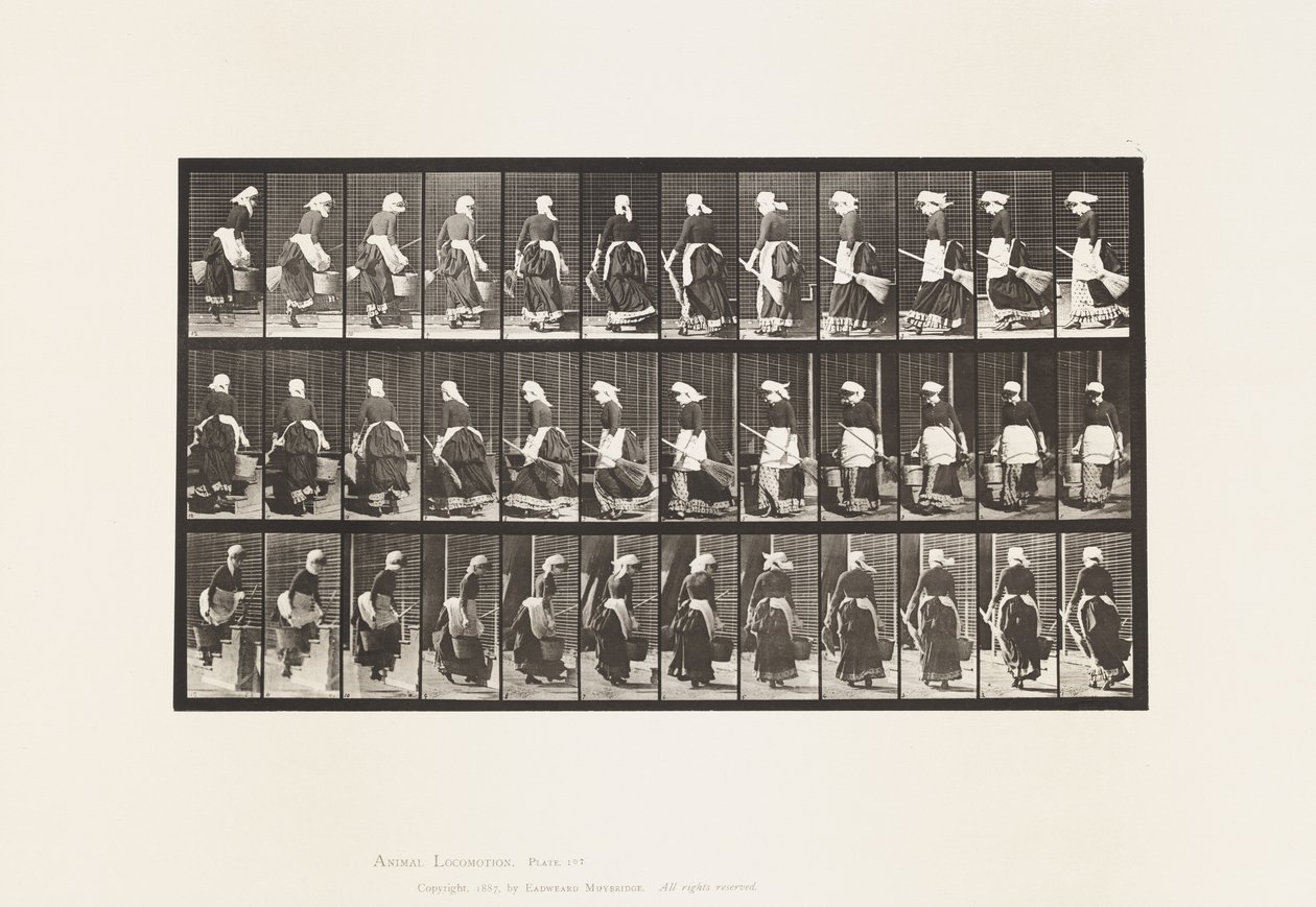 Tafel 107. Treppen hinaufsteigen, Eimer Wasser und Besen in den Händen von Eadweard Muybridge