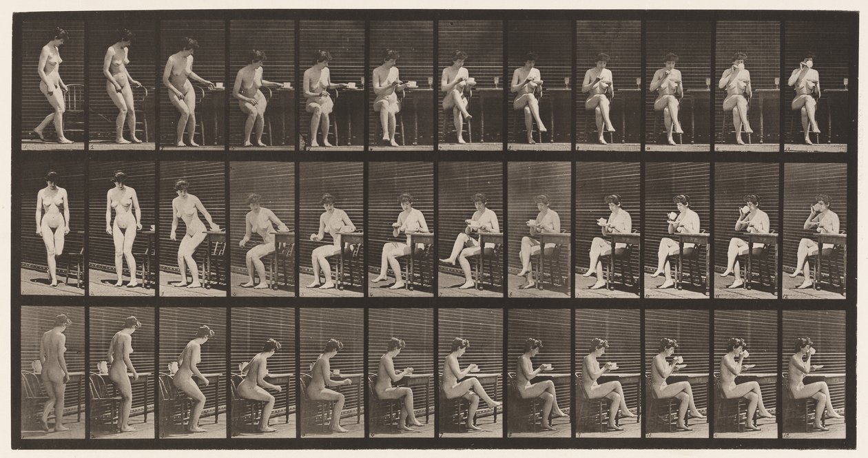 Tafel 238. Auf Stuhl sitzen, Beine überkreuzen, aus Teetasse trinken von Eadweard Muybridge