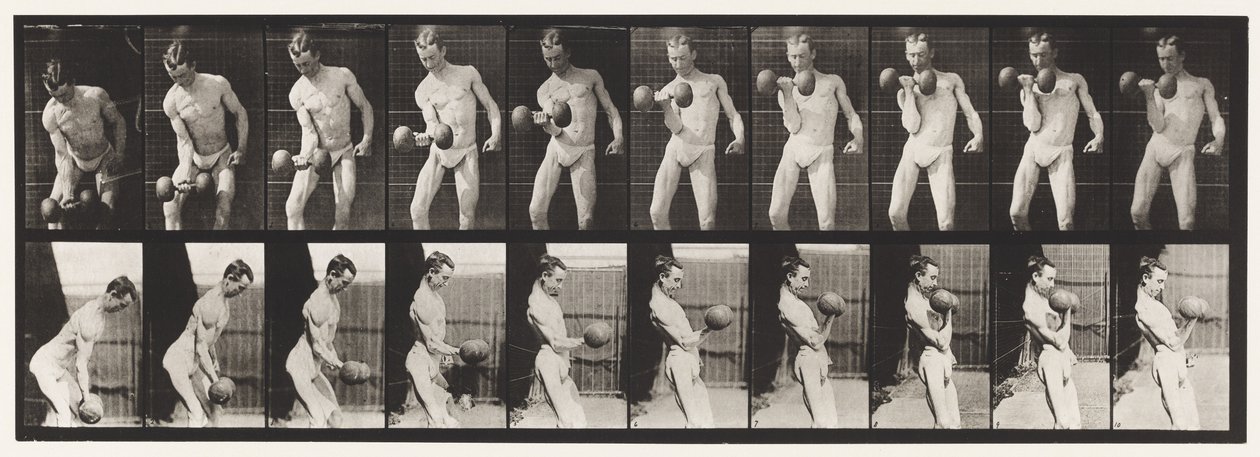 Tafel 324. 50-Pfund-Hantel curlen, Modell, 3/4 Länge von Eadweard Muybridge