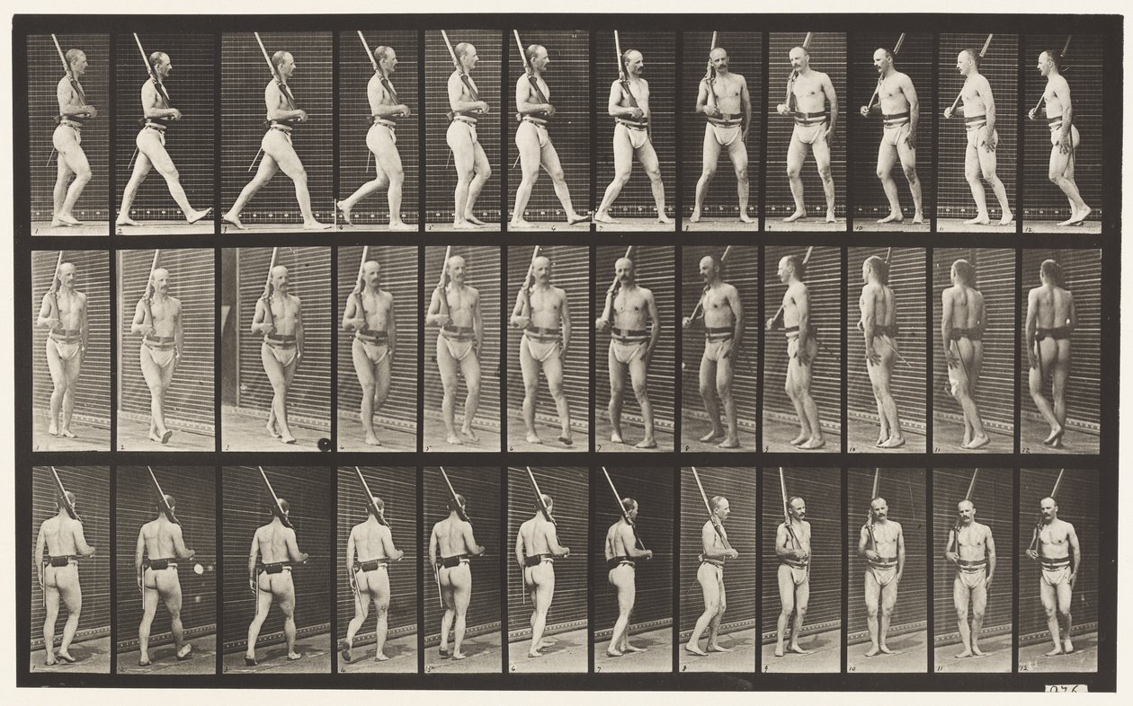 Tafel 355. In Bereitschaft, gehen und sich umdrehen von Eadweard Muybridge
