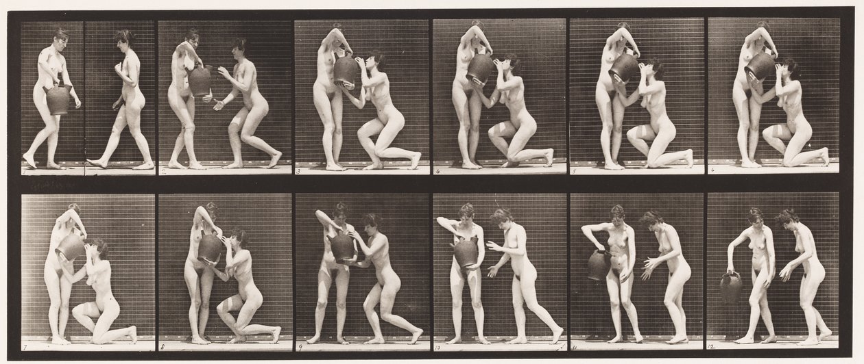Tafel 452. Zwei Modelle, 8 kniet, trinkt aus einem Wasserkrug in den Händen, 1872-1885 von Eadweard Muybridge