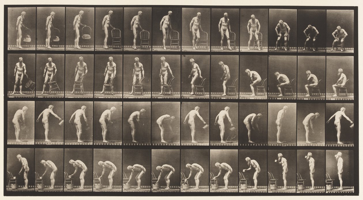Tafel 490. A, Hinsetzen; B, Hinsetzen; C, Wasser spritzen von Eadweard Muybridge