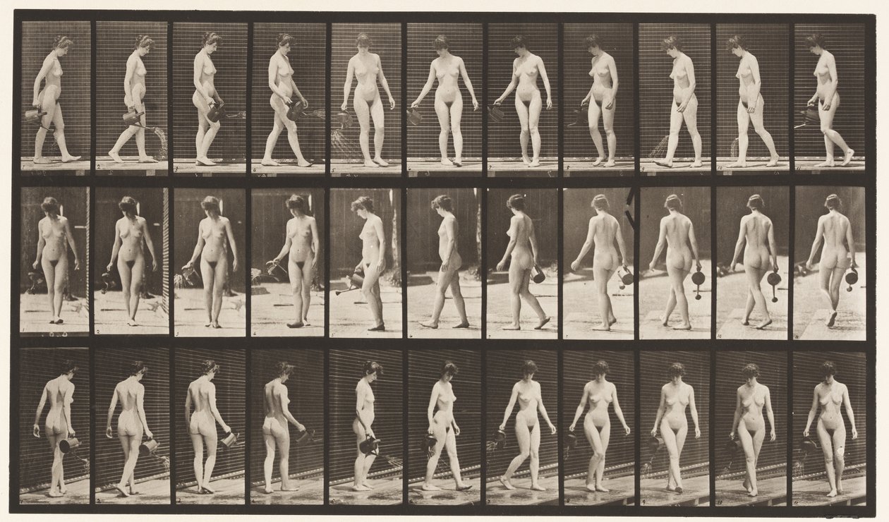 Tafel 51. Gehen und sich umdrehen, Gießkanne benutzen, 1872-1885 von Eadweard Muybridge
