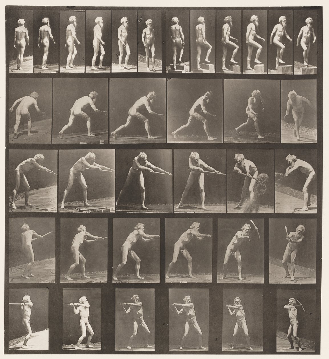 Tafel 521. A, Gehen; B, Stufe hinaufsteigen; C, Diskus werfen von Eadweard Muybridge