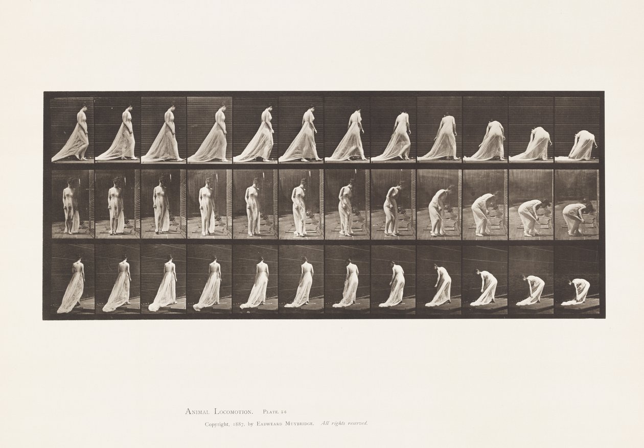 Tafel 56. Gehen, Drehen und Bücken, um den Zug zu heben von Eadweard Muybridge