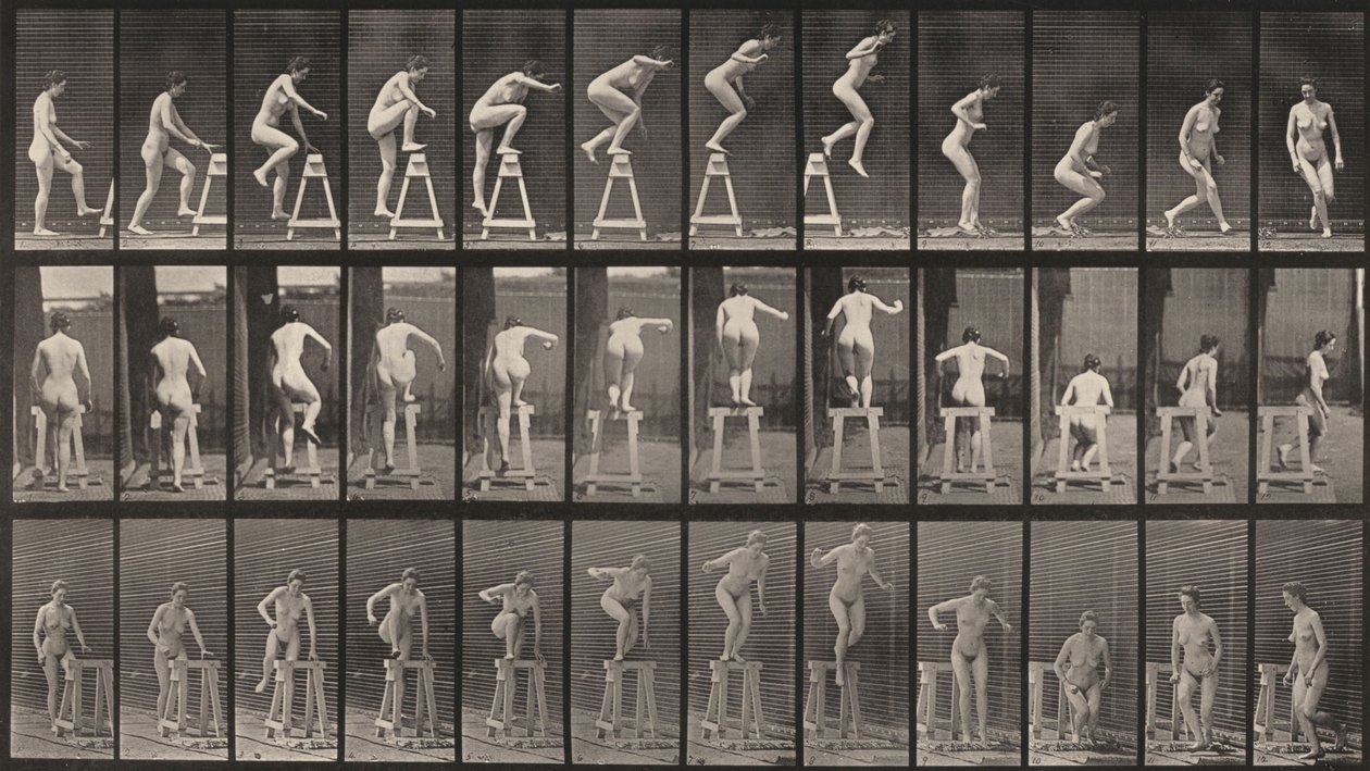 Tafel Nummer 171. Auf ein Gerüst steigen, herunterspringen und sich drehen von Eadweard Muybridge