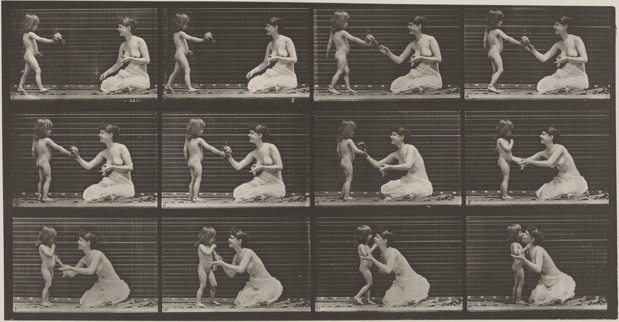 Tafel Nummer 465. Kind bringt einer Frau einen Blumenstrauß, 1887 von Eadweard Muybridge