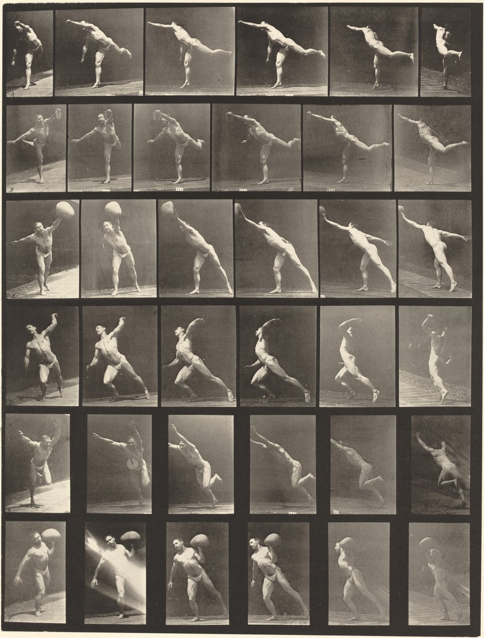 Tafel Nummer 523. A: Einen Schlag ausführen. B, E: Diskus werfen. C, F: Einen 75-Pfund-Stein heben. D: Einen Ball werfen von Eadweard Muybridge