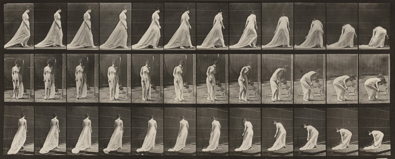 Tafel Nummer 56. Gehen, Drehen und Bücken, um den Zug zu heben von Eadweard Muybridge