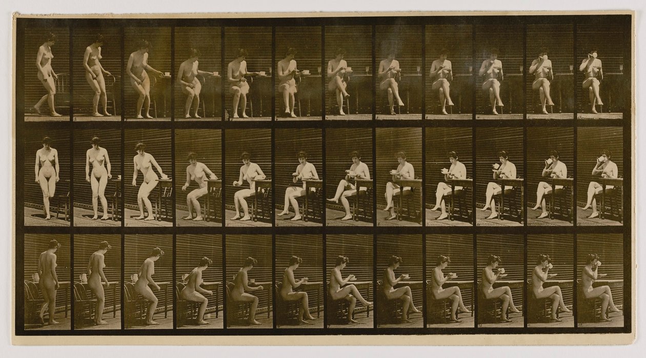 Frau sitzt, Beine gekreuzt, trinkt aus Teetasse, aus dem Buch Animal Locomotion von Eadweard Muybridge
