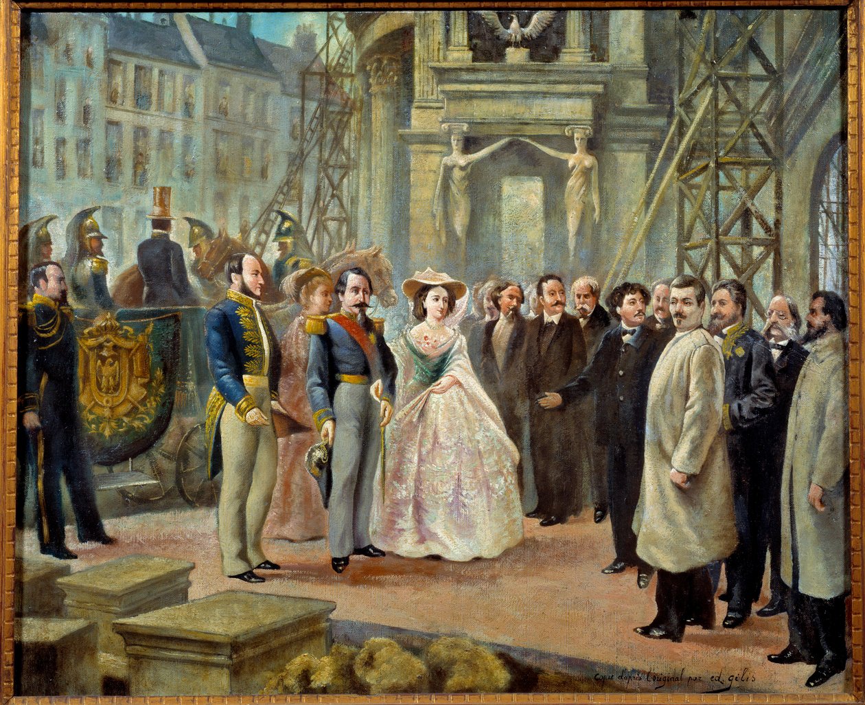 Napoleon III. und Kaiserin Eugenie besuchen die Arbeiten der Oper Garnier in Paris. Links von Napoleon III. ist Baron Georges Haussmann und Charles Garnier mit erhobenem Arm rechts von der Kaiserin von Ed. (after) Gilis