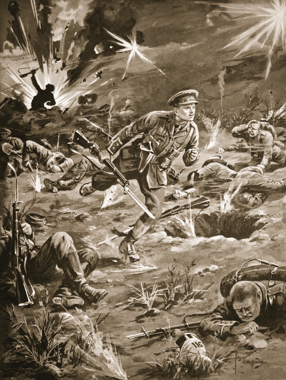 Leutnant Geary eilt unter schwerem Granatfeuer zu einem Graben rechts von Hill 60, um Kontakt mit einem Offizier aufzunehmen von Edgar Alfred Holloway