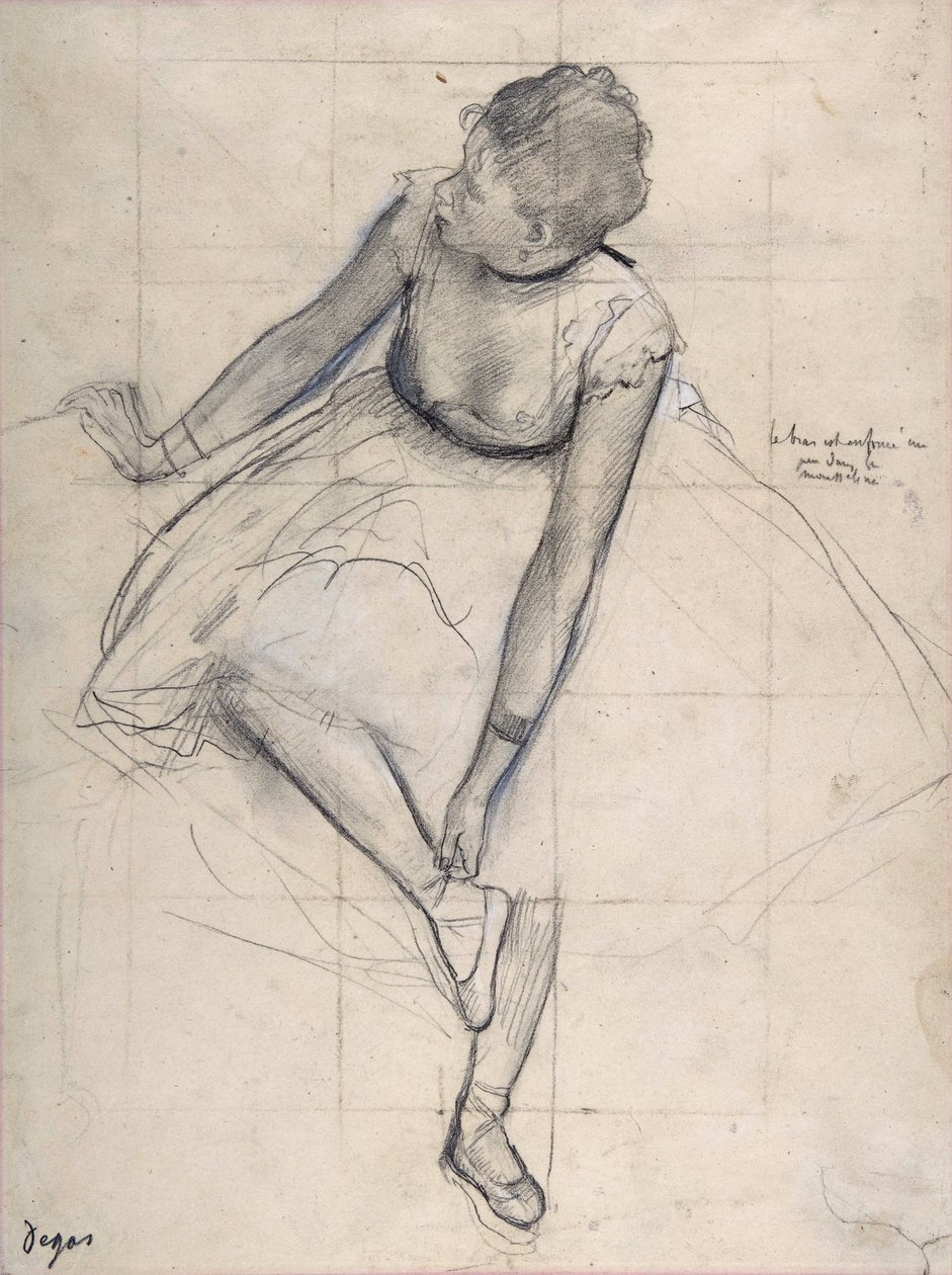 Tänzerin, die ihren Schuh anpasst (Ballerina). Zeichnung von Edgar Degas (1834-1917) New York City. Metropolitan Museum of Art. von Edgar Degas