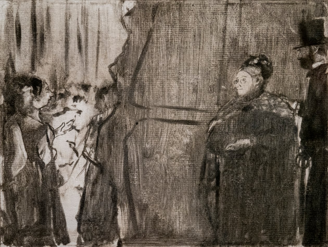 Treffen mit Ludivic Halevy und Madame Cardinal hinter den Kulissen. Um 1876-1877. Monotypie mit schwarzer Tinte. von Edgar Degas