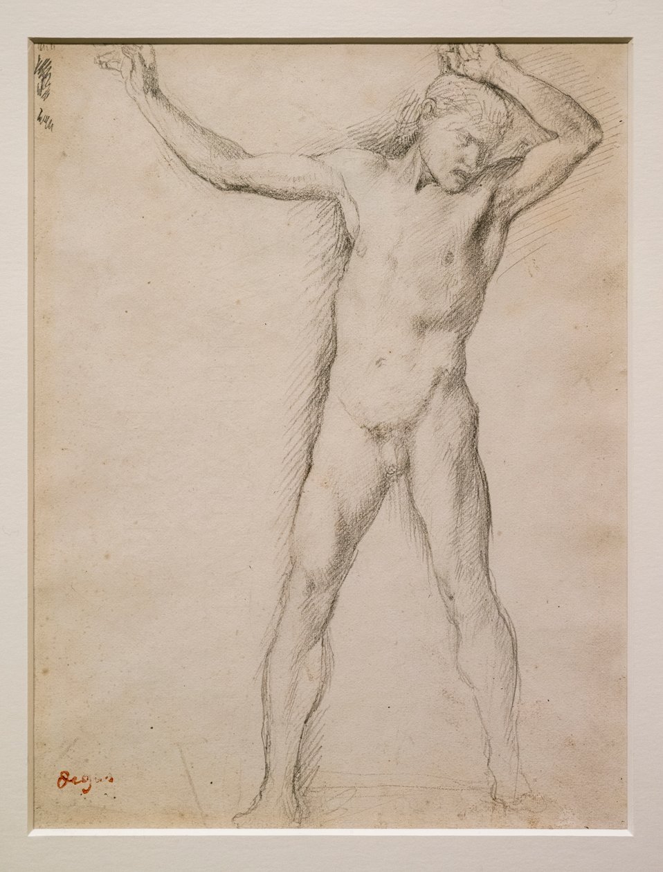 Nacktes Gesicht, Arme erhoben, ca. 1859-1861. Graphit auf Velinpapier. von Edgar Degas