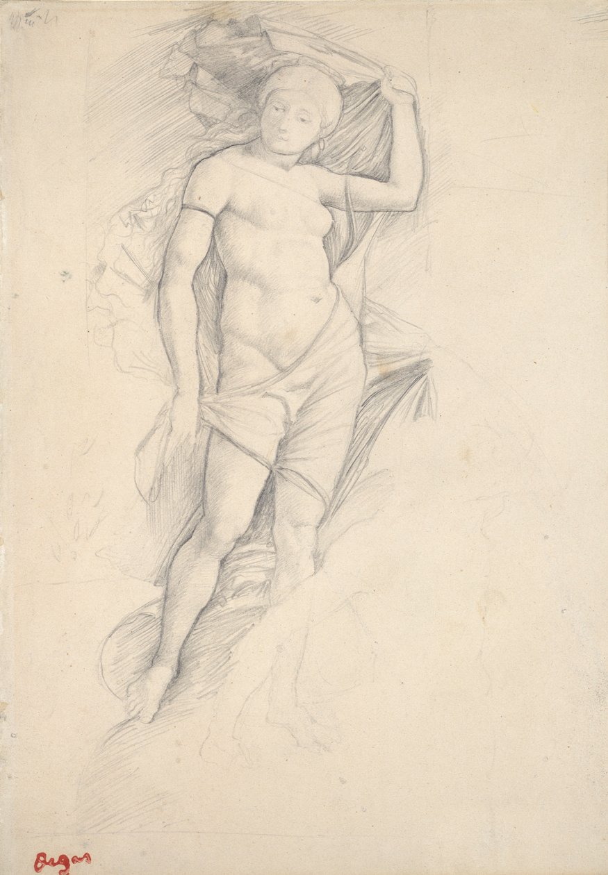 Frau, teilweise drapiert, mit einer leichten Studie eines Zentauren, unten rechts von Edgar Degas