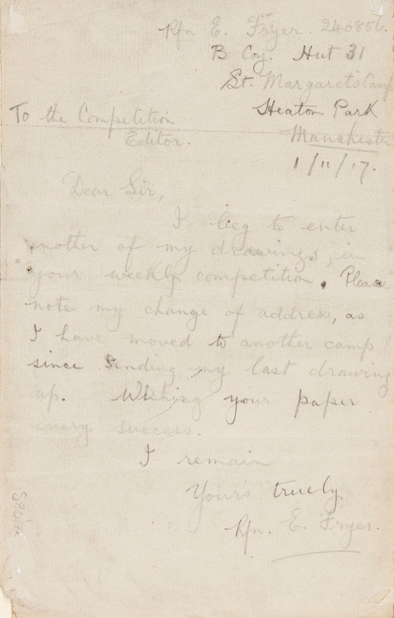 Brief an einen Zeitungswettbewerbsredakteur, 1. November 1917 von Edgar Fryer