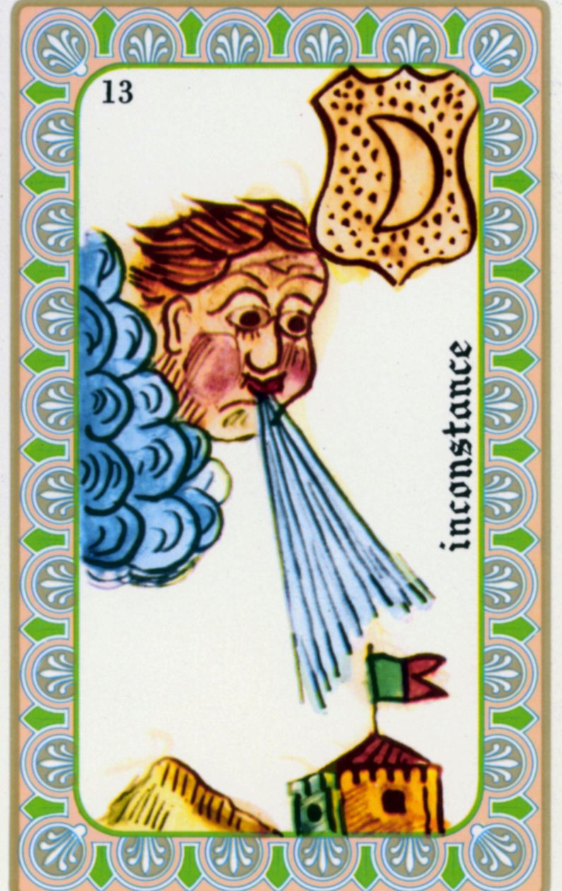 Tarot von Magus Belline gezeichnet von Edmond Billaudot ca. 1845 und an den Hellseher Belline zur Neuauflage gegeben: Karte der Unbeständigkeit: Der Wind weht von Edmond Billaudot