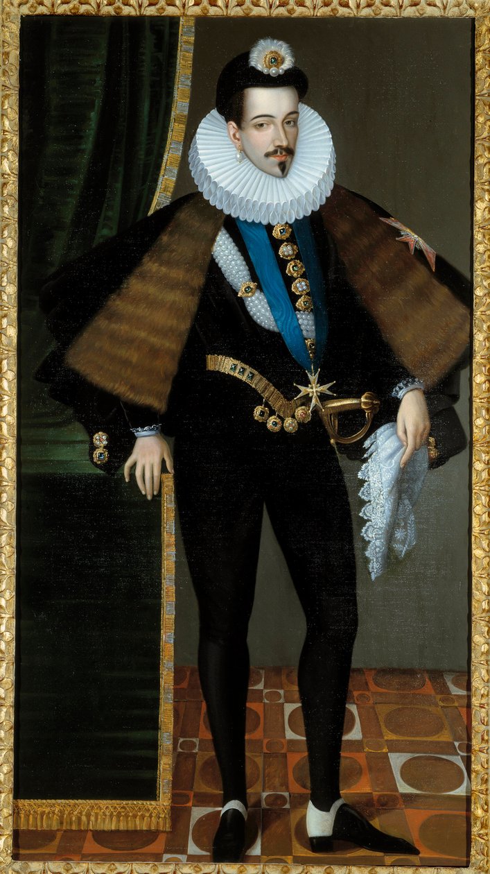 Ganzkörperporträt von Heinrich III, König von Frankreich. Gemälde von Pierre Jean Edmond Castan, basierend auf einem Gemälde aus dem 16. Jahrhundert von Edmond Castan