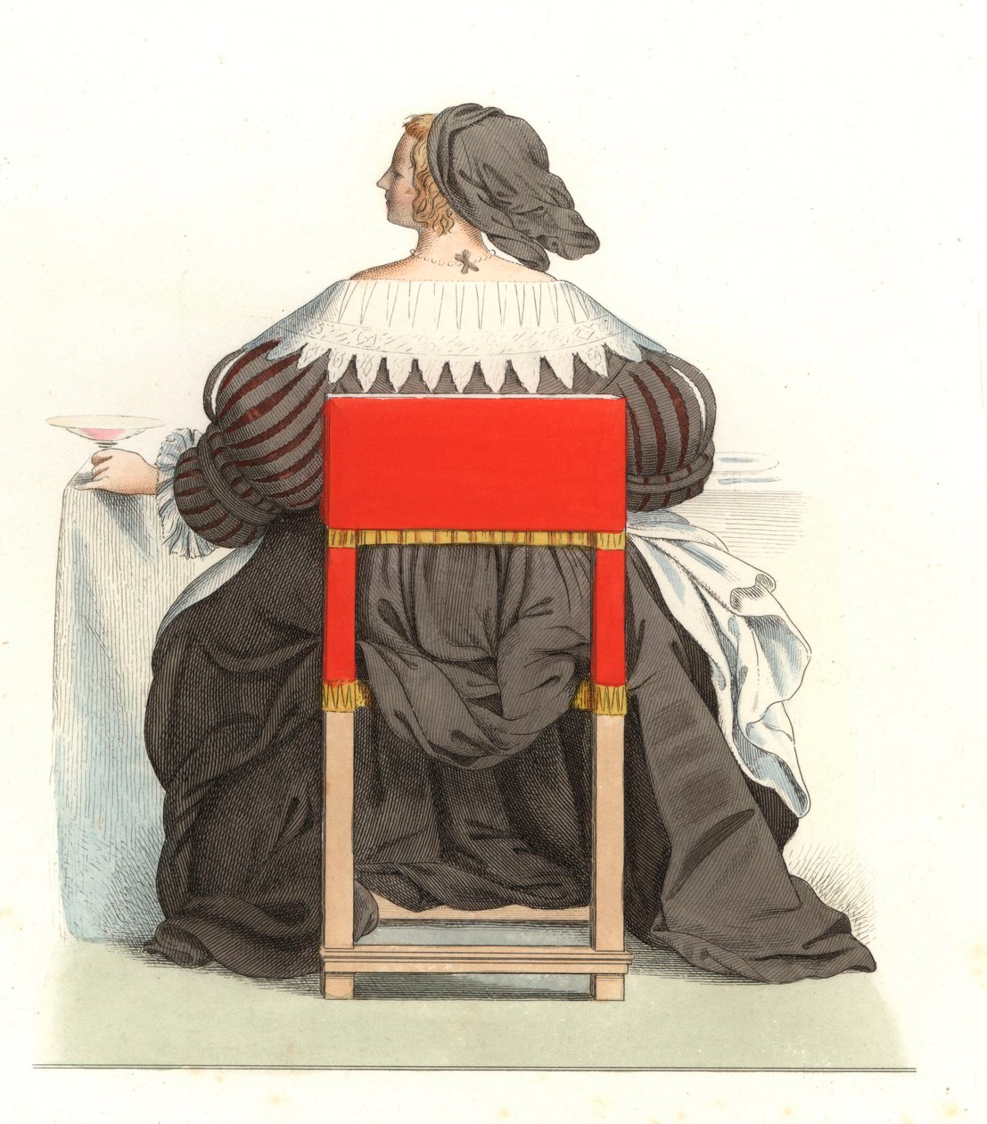 Französische Frau 17. Jahrhundert, nach einem Stich von Abraham Bosse (1602-1676) - Lithographie nach einer Illustration von Edmond Lechevallier-Chevignard (1825-1902), aus „Costumes historiques des 16th“ von Edmond Lechevallier Chevignard