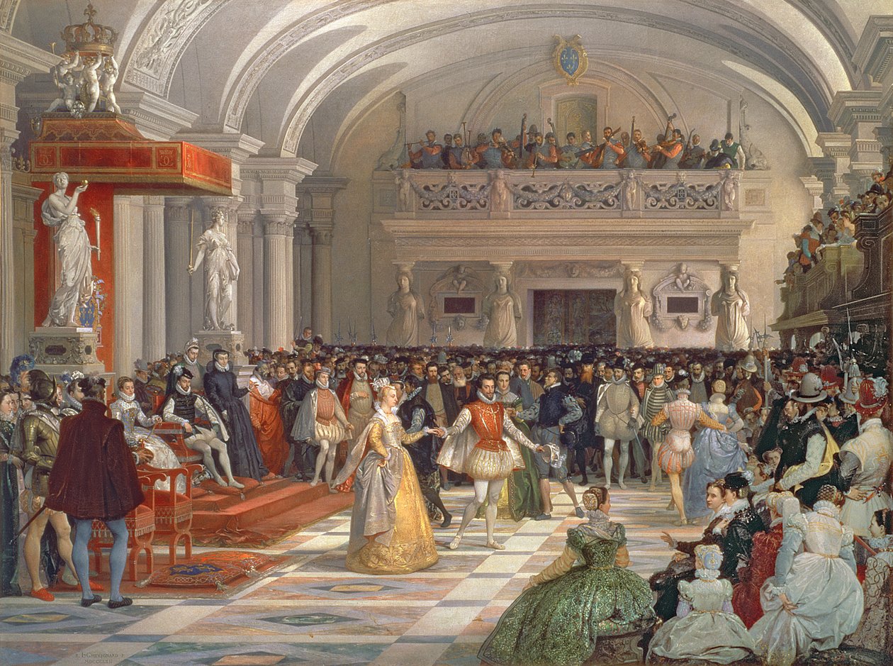 Die Hochzeit von Henri de Bourbon, König von Navarra, mit Marguerite de Valois in Anwesenheit von Catherine de Medici und Charles IX im Jahr 1572, 1862 von Edmond Lechevallier Chevignard