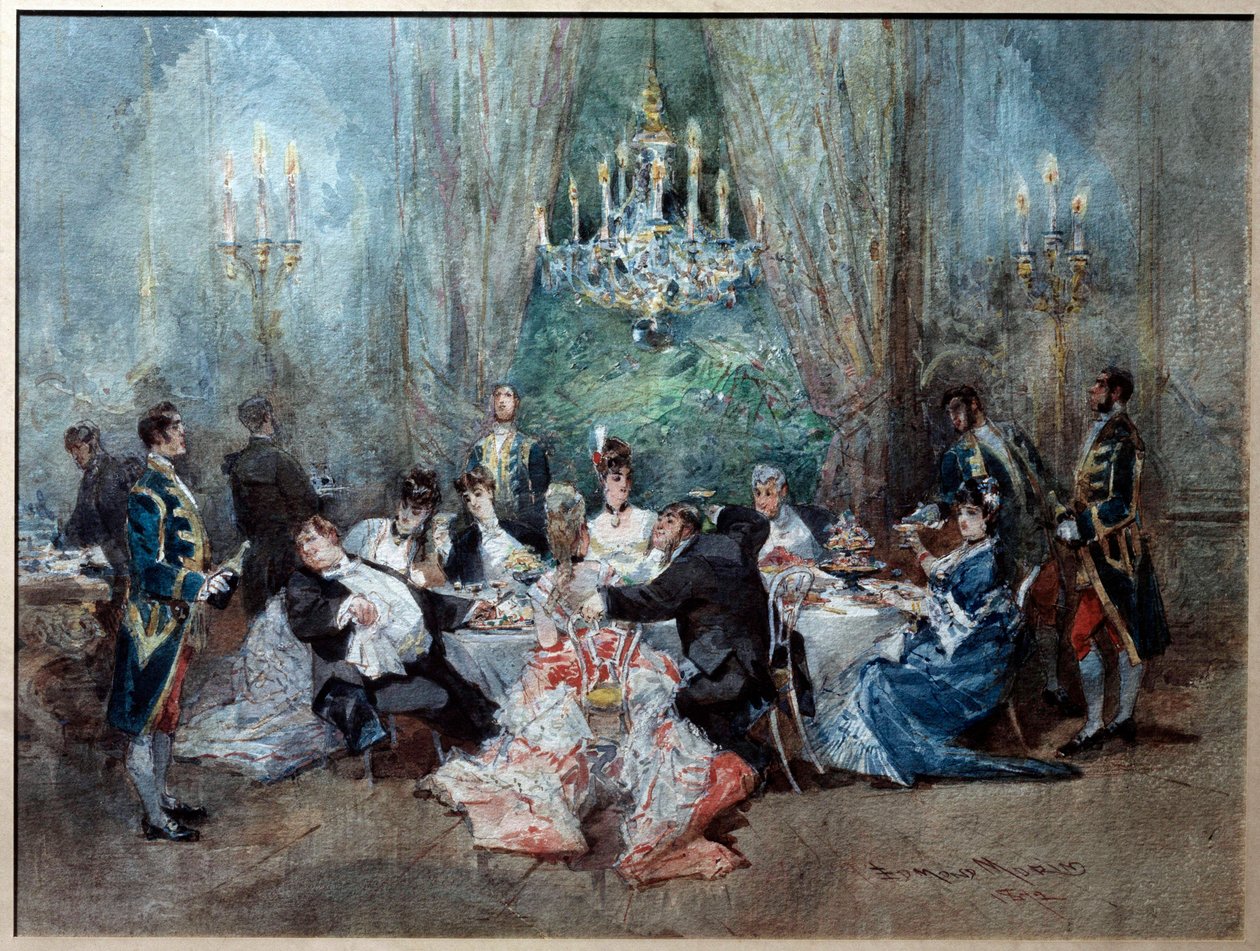 Mahlzeitszene. Illustration für Szene 10 von Akt II von „Le Réveillon“ von Henri Meilhac und Ludovic Halévy von Edmond Morin