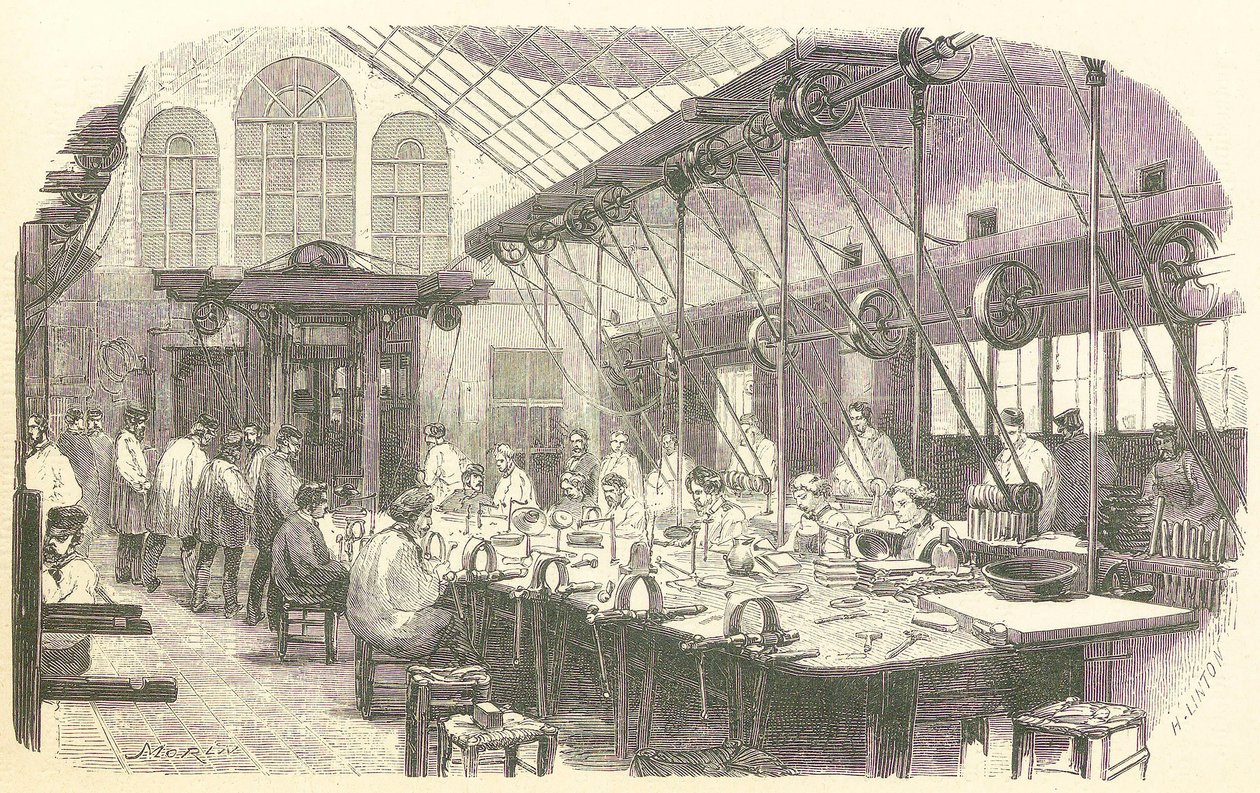 Silberschmiede bei der Arbeit in der Christophle-Besteckfabrik in Paris, veröffentlicht 1875 von Edmond Morin