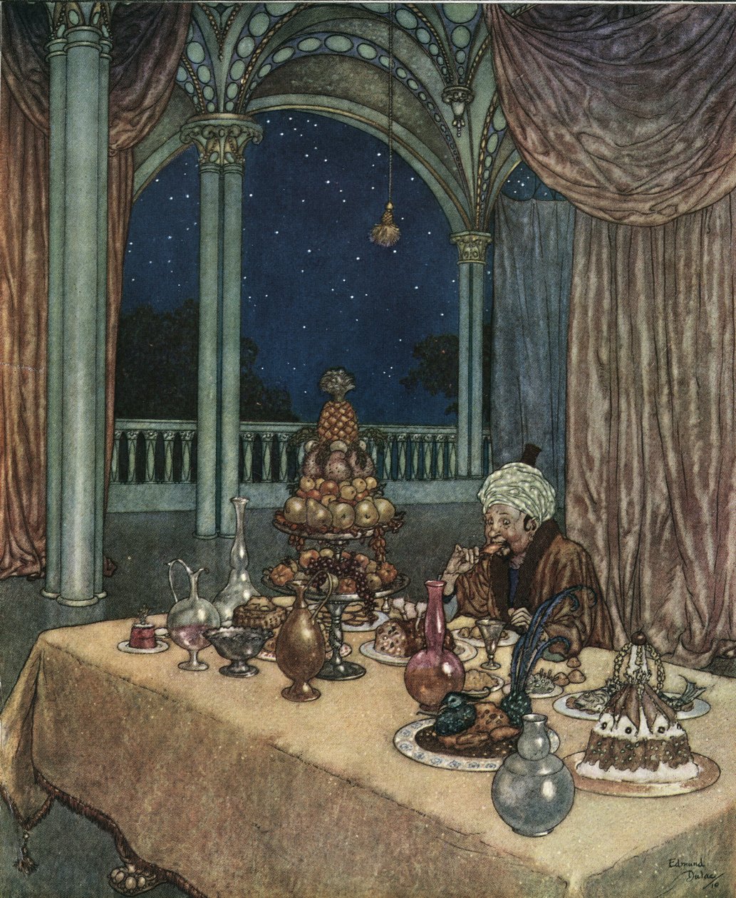 Die Schöne und das Biest: Belles Vater kommt am Schloss an und entdeckt einen Tisch voller Speisen, ca. 1910 von Edmund Dulac
