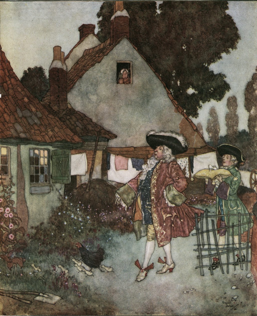 Aschenputtel: der Minister sucht in allen Hütten und Häusern des Königreichs nach dem Mädchen, das ihren Schuh aus Vair verloren hat, ca. 1910 von Edmund Dulac